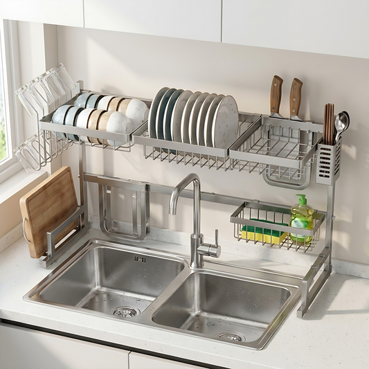 Égouttoir à vaisselle extensible en acier inoxydable installé au-dessus d'un évier double bac, chargé d'assiettes, de bols, de verres suspendus et de couteaux