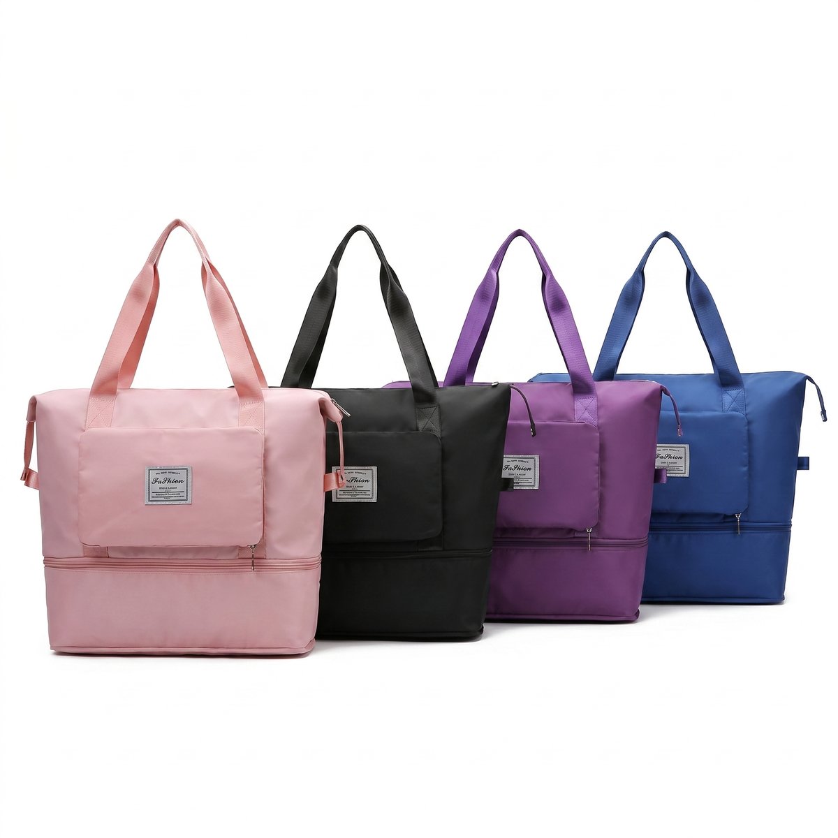 Sac de voyage pliable disponible en 4 couleurs : rose, noir, violet et bleu