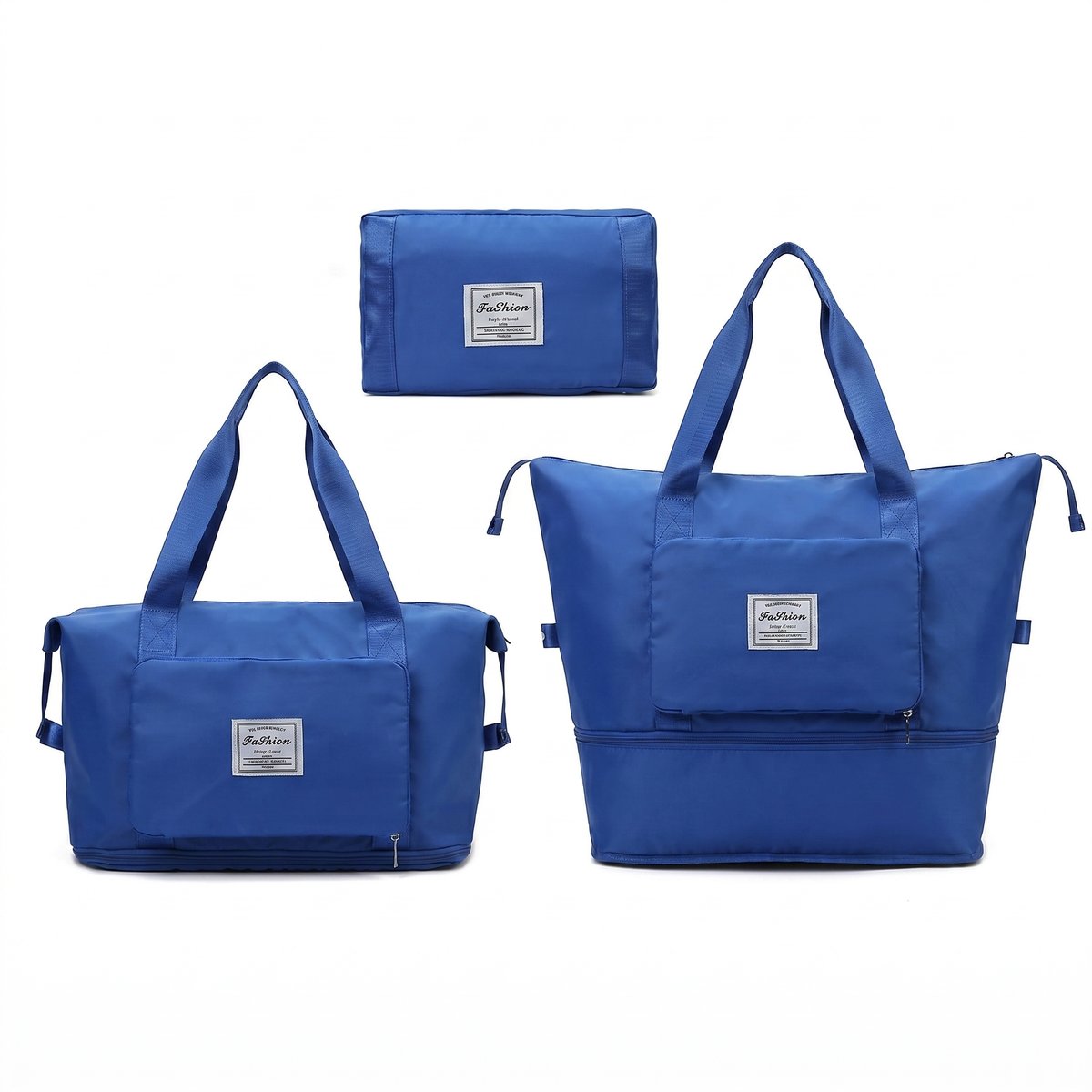 Sac de voyage pliable grande capacité coloris bleu, plié et déplié