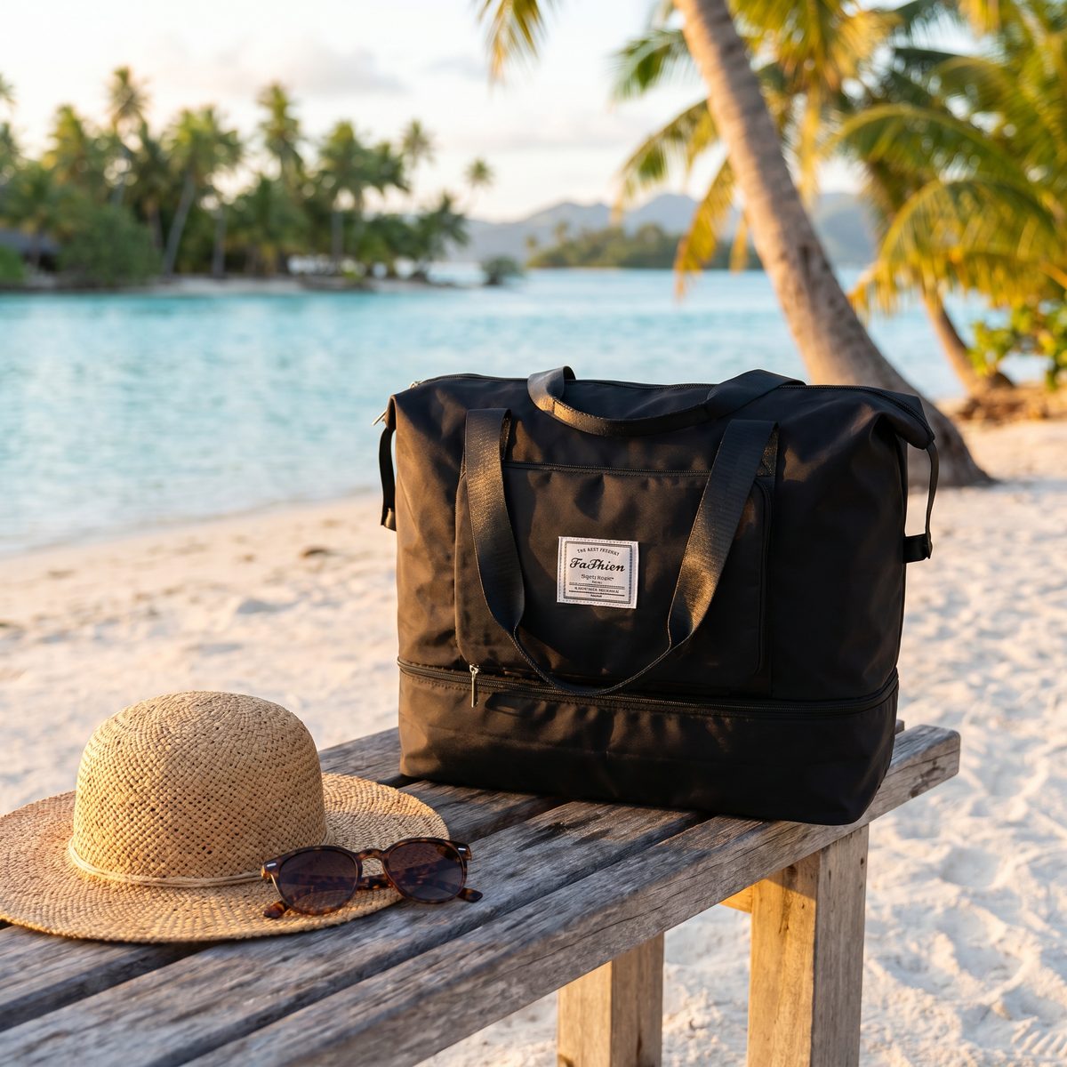Sac de voyage pliable noir sur une plage de Tahiti, prêt pour un week-end