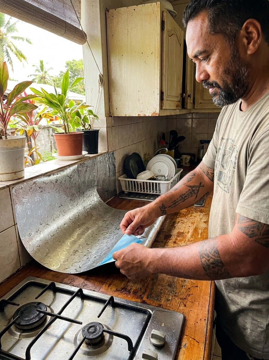 Client tahitien posant l'adhésif découpé sur sa crédence
