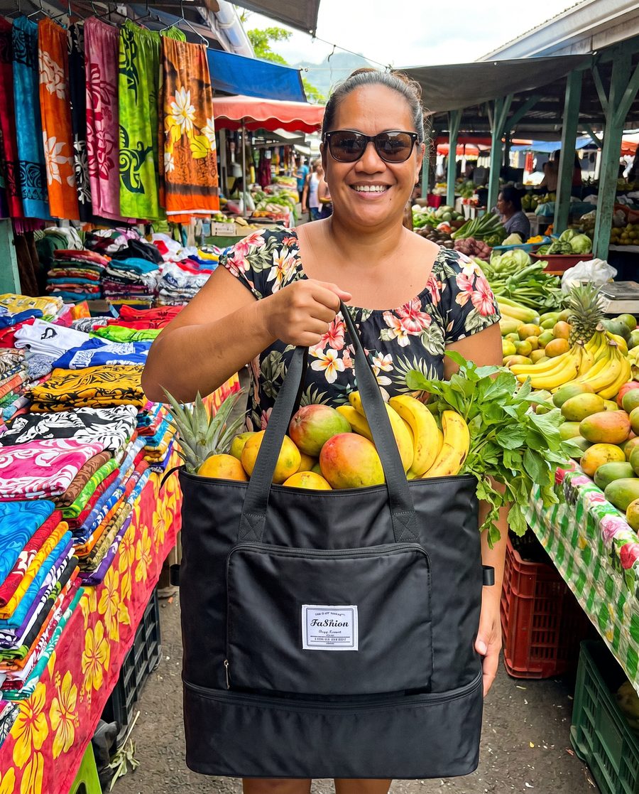 Cliente tahitienne avec son sac de voyage rempli au marché