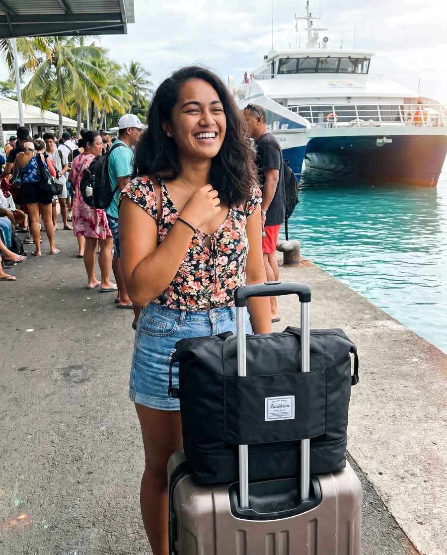 Cliente tahitienne avec son sac fixé sur la valise au terminal